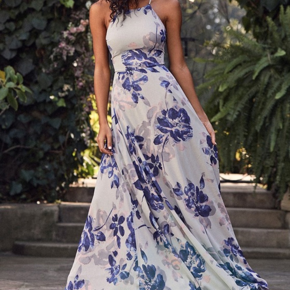 Lulus All I Need Grey Floral Print Lace-up Maxi Dress - Size M